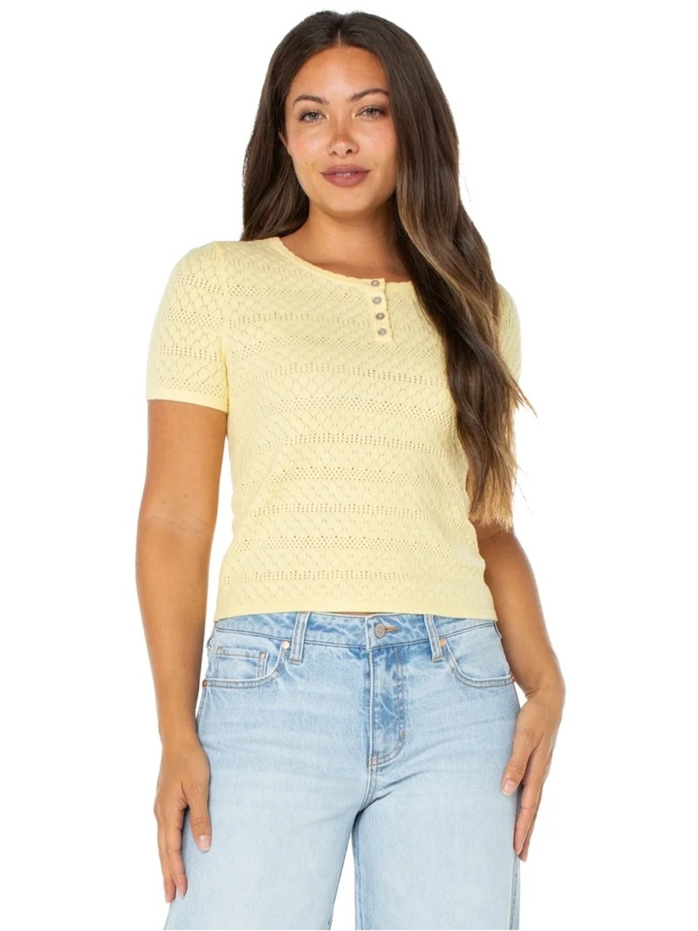 💛Celebrity Pink Yellow Crochet Short Sleeve Henley Top